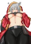  1girl ? absurdres animal_ears arknights black_pants black_shirt breasts bush clothes_in_mouth clothes_lift cowboy_shot fur-trimmed_hood fur_trim grey_hair hair_between_eyes hands_up highres hood hooded_jacket jacket large_breasts lifted_by_self long_hair long_sleeves looking_at_viewer mouth_hold nabeyasai open_clothes open_jacket pants projekt_red_(arknights) red_jacket shirt shirt_in_mouth shirt_lift simple_background solo stomach tail thigh_gap thighs underboob white_background wolf_ears wolf_girl wolf_tail yellow_eyes 