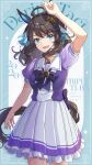  1girl 2020 absurdres ahoge animal_ears black_hair blue_eyes breasts character_name commentary daring_tact_(umamusume) hair_ornament highres horse_ears horse_tail medium_breasts medium_hair ribbon sashiumito school_uniform solo tail tracen_school_uniform umamusume 