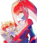  1girl bouquet colored_skin fish_girl flower head_fins highres holding holding_bouquet jewelry looking_at_viewer maruta_maruta mipha monster_girl multicolored_skin neck_ring one_eye_covered red_flower red_hair red_skin silent_princess smile solo sparkle the_legend_of_zelda the_legend_of_zelda:_breath_of_the_wild twitter_username two-tone_skin upper_body white_background white_skin yellow_eyes yellow_flower zora 