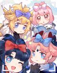  4girls :&lt; :o ;d absurdres animal arknights bangs black_gloves black_hair black_shirt blonde_hair blue_bow blue_eyes blue_hair blue_jacket borrowed_hairstyle bow character_request chibi closed_mouth collared_shirt commentary_request diamond-shaped_pupils diamond_(shape) gloves gradient_hair hair_bow highres hood hood_down hooded_jacket jacket long_sleeves multicolored_hair multiple_girls notice_lines one_eye_closed open_clothes open_jacket parted_bangs parted_lips pink_eyes pink_hair pudding_(arknights) purple_bow seal_(animal) shirt short_eyebrows smile sui_(blackcatsui_yoi) symbol-shaped_pupils thick_eyebrows viewfinder white_jacket white_shirt wide_sleeves 