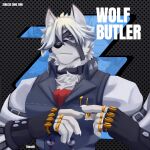  1:1 2022 absurd_res anthro artist_name black_clothing black_topwear butler canid canine canis clothing diamond_background english_text fur hi_res logo male mammal mihoyo one_eye_obstructed ring solo text therot0 title topwear video_games von_lycaon white_body white_clothing white_fur white_topwear wolf zenless_zone_zero 