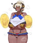  1girl bare_shoulders blonde_hair blonde_pubic_hair blue_skirt blush bow brown_horns choker closed_mouth covered_navel dark-skinned_female dark_skin elbow_gloves expressionless eyelashes gen&#039;en_(sioherashi) gloves gold_choker gold_panties green_hair grey_background hair_between_eyes half-closed_eyes hatching_(texture) heart-shaped_pubic_hair horizontal_pupils horn_ornament horn_ring horns motion_lines multicolored_hair navel orange_eyes original pasties plump pom_pom_(cheerleading) pubic_hair red_bow scribble short_hair simple_background skindentation skirt solo speech_bubble steam steaming_body 