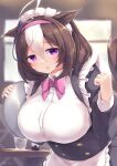  1girl absurdres alternate_costume animal_ears blurry blurry_background blush breasts brown_hair commentary_request hair_between_eyes highres horse_ears horse_girl horse_tail kanzakietc large_breasts maid medium_hair meisho_doto_(umamusume) purple_eyes solo tail tray umamusume 