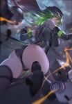  1girl artist_name ass black_bodysuit black_gloves black_thighhighs blurry bodysuit boots breasts closed_mouth cloud cloudy_sky commentary depth_of_field detached_cape elbow_gloves falling floating from_behind gloves green_hair headdress highres large_breasts legs long_hair looking_at_viewer mechanical_arms night night_sky outdoors pelvic_curtain pink_eyes purple_eyes sidelocks sky sleeveless_bodysuit solo swd3e2 thighhighs thighs tower_of_fantasy xinghuan_(tower_of_fantasy) 