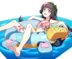  1girl @_@ barefoot bikini black_hair blue_archive blush floating highres innertube looking_at_viewer miyu_(blue_archive) open_mouth penguin_say red_eyes sitting solo spread_legs starfish swimsuit tearing_up water 