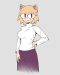  1girl :3 animal_ears arcueid_brunestud blonde_hair breasts cat_ears cropped_legs english_commentary gazuwu grey_background hand_on_hip large_breasts neco-arc purple_skirt simple_background skirt solo sweater tsukihime turtleneck turtleneck_sweater white_sweater 