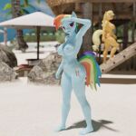  3d_(artwork) anthro anthrofied applejack_(mlp) barely_visible_genitalia barely_visible_pussy beach big_breasts breasts degen3d digital_media_(artwork) duo equid equine friendship_is_magic genitals hi_res mammal my_little_pony nude pussy rainbow_dash_(mlp) seaside solo_focus standing 