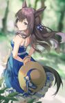  1girl animal_ears arms_behind_back blue_dress bracelet braid brown_hair dress from_behind hat highres holding holding_clothes holding_hat horse_ears horse_girl horse_tail hoshiko_(419401x) jewelry long_hair looking_to_the_side mejiro_dober_(umamusume) mejiro_dober_(vacation_safir)_(umamusume) official_alternate_costume purple_eyes seek_solve_summer_walk!_(umamusume) sleeveless sleeveless_dress solo straw_hat tail umamusume 