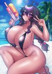  1girl absurdres ahoge beach blush breasts crawling_dreams curvy fang highres holding huge_breasts long_hair looking_at_viewer merryweather messy_hair navel nyarla_(osiimi) original osiimi outdoors palm_tree pout purple_eyes purple_hair revealing_clothes skin_fang slingshot_swimsuit smile solo summer swimsuit tan thick_thighs thighs tree twintails v very_long_hair water_gun wide_hips 