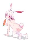  1girl absurdres all_fours anal_beads animal_ears anus ass bangs carrot fake_tail food fox_ears full_body heart heart-shaped_pupils highres holding holding_food honkai_(series) honkai_impact_3rd long_hair looking_at_viewer looking_back pink_eyes pink_hair pussy rabbit_tail saliva sex_toy shadow side_ponytail simple_background soles symbol-shaped_pupils tail theresa_apocalypse theresa_apocalypse_(sakura_rondo) thighhighs tongue tongue_out white_background white_thighhighs yu_xiu 