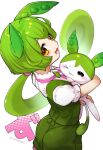  1girl 1other :3 alternate_form animal_ears edamame_(food) green_hair holding kamaboko_red looking_at_viewer one_eye_closed open_mouth pea_pod ponytail puffy_short_sleeves puffy_sleeves shirt short_sleeves shorts suspender_shorts suspenders voicevox watermark white_shirt yellow_eyes zundamon 