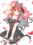  1girl :o animal_ears ao_orin_ringo blurry blurry_background blurry_foreground braid depth_of_field dress falling_petals flower highres kaenbyou_rin looking_at_viewer open_mouth petals pink_flower pink_rose red_eyes red_flower red_hair red_rose rose rose_petals tail touhou twin_braids 