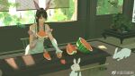  1girl animal_ears bonsai douluo_dalu feeding food fruit hair_ornament highres indoors leaf rabbit rabbit_ears rock shi_si_jia_a solo table watermelon watermelon_slice windowsill xiao_wu_(douluo_dalu) 