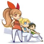  3girls black_hair blonde_hair blossom_(ppg) blue_eyes bow brown_hair bubbles_(ppg) buttercup_(ppg) closed_mouth dress full_body green_eyes hair_bow long_hair mota multiple_girls powerpuff_girls red_eyes simple_background smile twintails white_background 