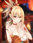  1girl arm_tattoo asymmetrical_hair bandages bare_shoulders blonde_hair blurry blurry_background bracelet breasts chest_sarashi chest_tattoo choker cleavage collarbone depth_of_field ear_piercing fish_hair_ornament flower genshin_impact gs_(onsen_syndicate) hair_flower hair_ornament highres japanese_clothes jewelry kimono kimono_pull large_breasts looking_at_viewer mouth_hold orange_eyes piercing pink_nails red_choker sarashi short_ponytail solo tattoo upper_body yoimiya_(genshin_impact) 