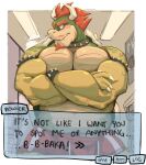  2022 anthro armband barazoku beard belly biceps big_muscles border bottomwear bowser bowser_day bracelet breath claws clothed clothing collar crossed_arms dialogue dumbbell eyebrows facial_hair flustered front_view gym hair hi_res horn huge_muscles inside jewelry koopa looking_away male mario_bros musclegut muscular muscular_anthro muscular_male navel nintendo pecs scalie shell shorts simple_background solo spiked_armband spiked_bracelet spiked_collar spiked_shell spikes spikes_(anatomy) standing talking_to_viewer teeth text_box topless topless_anthro topless_male tsundere video_games visual_novel weights white_border zhangkuu 