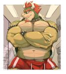  2022 anthro armband barazoku beard belly biceps big_muscles border bottomwear bowser bowser_day bracelet claws clothed clothing collar crossed_arms dumbbell eyebrows facial_hair front_view gym hair hi_res horn huge_muscles inside jewelry koopa looking_away male mario_bros musclegut muscular muscular_anthro muscular_male navel nintendo pecs scalie shell shorts simple_background solo spiked_armband spiked_bracelet spiked_collar spiked_shell spikes spikes_(anatomy) standing teeth topless topless_anthro topless_male video_games weights white_border zhangkuu 