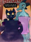  2022 alligator alligatorid areola areola_slip bea_santello big_areola big_breasts big_nipples blue_body breasts chubby_anthro chubby_female crocodilian dialogue domestic_cat duo english_text felid feline felis female genitals hair hand_on_shoulder hi_res latchk3y looking_at_another mae_borowski mammal night_in_the_woods nipples nude profanity purple_hair pussy red_eyes reptile scalie text thick_thighs towel video_games yellow_sclera 