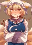  1girl animal_ears arms_under_breasts blonde_hair blush crossed_arms dress fox_ears fox_tail full-face_blush hat multiple_tails pillow_hat solo tabard tail touhou unkmochi white_dress white_headwear yakumo_ran yellow_eyes 