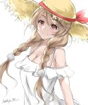 1girl alternate_costume braid breasts brown_eyes brown_headwear cleavage cloud_hair_ornament dress gakky gradient_hair hat kantai_collection light_brown_hair long_hair medium_breasts minegumo_(kancolle) multicolored_hair simple_background solo straw_hat sun_hat sundress twin_braids upper_body white_background white_dress 