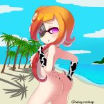  1girl animal_print ass beach blue_sky cloud cloudy_sky cosplay cow_print cow_print_gloves gloves highres inkling inkling_girl long_hair looking_back mask non-web_source ocean octarian octoling orange_hair original palm_tree purple_eyes self_upload sky splatoon_(series) squid swimsuit takozonesu tentacle_hair tentacles third-party_edit tree 