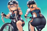  1girl :o ass bangs bicycle bicycle_helmet bike_shorts black_gloves black_headwear black_shirt black_shorts blonde_hair blue_background fingerless_gloves gloves goggles green_eyes ground_vehicle hair_between_eyes helmet koshirae_tsurugi long_hair low_ponytail m.m multiple_views original parted_lips ponytail shirt short_shorts short_sleeves shorts white_headwear 