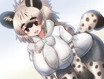  1girl alternate_breast_size animal_ears animal_print bangs bent_over black_hair blush bodystocking breast_pocket breasts brown_eyes brown_hair colored_inner_hair cutoffs dutch_angle extra_ears fur_scarf grey_hair highres huge_breasts hyena_ears hyena_girl hyena_tail kemono_friends layered_sleeves long_hair long_sleeves looking_at_viewer mo23 multicolored_hair parted_bangs pocket print_sleeves scarf shirt short_over_long_sleeves short_shorts short_sleeves shorts sidelocks sketch solo spotted_hyena_(kemono_friends) tail thick_eyebrows 