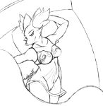 anthro bed breasts canid canine clothing delphox digital_media_(artwork) female firstletterj fox furniture genitals hi_res inner_ear_fluff lingerie looking_at_viewer mammal monochrome nintendo nude pillow pok&eacute;mon pok&eacute;mon_(species) pok&eacute;morph pussy simple_background sketch smile solo translucent translucent_clothing tuft video_games white_background 