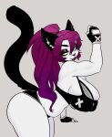  anthro big_breasts bottomwear breasts cleavage clothed clothing domestic_cat ear_piercing ear_ring facial_piercing felid feline felis female fingerless_gloves fur gloves grey_body grey_fur hair handwear hi_res hotpants jinx_doodle long_hair long_tail makeup mammal mascara midriff multicolored_eyes nipple_outline nose_piercing nose_ring piercing ponytail purple_hair ring_piercing shorts simple_background slightly_chubby solo thick_thighs 