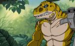  anthro broken_teeth brown_body chest_scar cybernetic_arm cybernetic_limb dinosaur eye_scar facial_scar front_view imperatorcaesar leaf male muscular muscular_male outside pupils reptile scalie scar sharp_teeth slit_pupils solo striped_back striped_neck teeth white_body yellow_body 