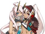  2girls ahoge azur_lane bangs blue_eyes breasts brown_hairband cleavage closed_mouth covered_mouth dark-skinned_female dark_skin expressionless facepaint fur_collar hair_between_eyes hairband heart heart_ahoge heterochromia horns indianapolis_(azur_lane) long_hair looking_at_viewer mechanical_horns medium_breasts miina-san minneapolis_(azur_lane) multiple_girls native_american pink_hair ponytail red_eyes simple_background turtleneck twintails underboob upper_body very_long_hair white_background white_bandeau white_hair yellow_eyes 