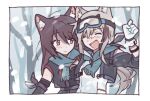  2girls adan_imas animal_ear_fluff animal_ears arknights blush brown_hair cardigan_(arknights) cat_ears cat_girl closed_mouth dog_ears dog_girl elbow_gloves gloves goggles goggles_on_head long_hair looking_at_another melantha_(arknights) multiple_girls open_mouth purple_eyes purple_hair scarf 