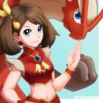  1girl absurdres artist_name bangs blaziken blue_eyes brown_hair hair_ornament highres looking_at_viewer may_(pokemon) midriff navel official_alternate_costume pokemon pokemon_(creature) pokemon_(game) pokemon_masters_ex red_wristband sims76 sleeveless twintails upper_body wristband 