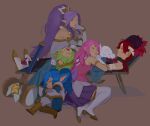  5girls bare_shoulders black_pantyhose blue_hair boots brown_background elbow_gloves gloves green_hair grey_gloves hammer highres janna_(league_of_legends) jinx_(league_of_legends) knee_boots league_of_legends long_hair lower_teeth lulu_(league_of_legends) lux_(league_of_legends) lying multiple_girls on_back open_mouth pantyhose pink_hair pink_shirt pleated_skirt pointy_ears poppy_(league_of_legends) purple_skirt red_hair shiny shiny_hair shirt shoes simple_background skirt sleeping star_guardian_(league_of_legends) star_guardian_janna star_guardian_jinx star_guardian_lulu star_guardian_lux star_guardian_pet star_guardian_poppy suqling teeth thigh_boots thighhighs white_thighhighs yordle 
