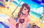  6+boys 6+girls beach bikini blue_sky blush breasts brown_hair cleavage collarbone cup disposable_cup dutch_angle earrings extra faceless faceless_female faceless_male feet_out_of_frame floral_print grey-framed_eyewear head_tilt idolmaster idolmaster_cinderella_girls idolmaster_cinderella_girls_starlight_stage jewelry juice lace-trimmed_shirt lace_trim light_smile looking_at_viewer lotion_bottle mat medium_breasts multiple_boys multiple_girls official_art parasol purple_eyes red_bikini see-through see-through_shirt semi-rimless_eyewear shirt sitting sky solo_focus sparkle swimsuit umbrella wavy_hair yagami_makino 