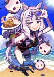  1girl absurdres adjusting_eyewear animal_ears arm_up bangs bird black_swimsuit blunt_bangs blush_stickers bracelet breasts casual_one-piece_swimsuit cleavage cloud eyewear_on_head fisheye food full_body glint gold_ship_(run_revolt_launcher)_(umamusume) gold_ship_(umamusume) highres holding holding_plate horse_ears horse_girl horse_tail jewelry long_hair looking_at_viewer medium_breasts necklace noodles ocean octopus one-piece_swimsuit open_mouth outdoors plate purple_eyes purple_hair sandals shadow smile solo standing standing_on_one_leg sunglasses sunlight swimsuit tail thigh_strap umamusume upper_body v-shaped_eyebrows water water_balloon water_gun wet yamamoto_bc 
