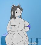  anthro bed bedding big_breasts big_butt blanket blue_wall bovid bra breasts brown_eyes butt caprine clothing female fur furniture goat grey_hair hair hi_res horn mammal solo temmie_(undertale) temriel_(temmieverse) undertale undertale_(series) underwear video_games wall wetwaffls 