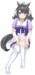  1girl ahoge animal_ears bangs black_hair blush breasts closed_mouth daring_tact_(umamusume) dressing full_body green_eyes highres horse_ears horse_girl horse_tail knee_up looking_at_viewer maaason medium_breasts no_shoes purple_shirt sailor_collar school_uniform shirt short_sleeves simple_background sitting skirt smile solo tail thighhighs tracen_school_uniform umamusume white_background white_skirt white_thighhighs 