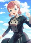 1girl annette_fantine_dominic aqua_eyes blush breasts clenched_hands cloud day fire_emblem fire_emblem:_three_houses garreg_mach_monastery_uniform hair_rings highres juliet_sleeves long_sleeves looking_at_viewer medium_breasts open_mouth orange_hair outdoors puffy_sleeves sephikowa sky solo twitter_username 