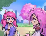  2girls :d ahoge alternate_costume bangs blush bracelet bush cherry_blossoms day glass hand_up headphones headphones_around_neck index_finger_raised jewelry league_of_legends long_hair looking_at_another lux_(league_of_legends) multiple_girls open_mouth outdoors phantom_ix_row pink_eyes pink_hair puffy_short_sleeves puffy_sleeves purple_shirt seraphine_(league_of_legends) shiny shiny_hair shirt short_sleeves sitting smile star_guardian_(league_of_legends) star_guardian_lux table tree twintails 