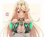  1girl :i anger_vein bangs bare_shoulders blonde_hair blush breasts brown_eyes chest_jewel cleavage cleavage_cutout closed_mouth clothing_cutout commentary_request crossed_arms elbow_gloves gloves headpiece large_breasts long_hair looking_at_viewer mythra_(xenoblade) pout sephikowa simple_background solo spoken_anger_vein swept_bangs tiara twitter_username upper_body very_long_hair xenoblade_chronicles_(series) xenoblade_chronicles_2 