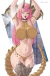  1girl absurdres armpits arms_up artist_name bangs black_choker blunt_bangs blurry blurry_background breast_press breasts choker cleavage closed_eyes commission demon_girl demon_horns demon_tail english_commentary eyelashes forehead highres horns large_breasts long_hair melowh metal_slug metal_slug_attack navel open_mouth panties pink_hair saliva scales solo tail teeth thighhighs thighs tongue tongue_out underwear upper_teeth yellow_panties 