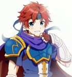  1boy armor bangs blue_eyes blue_headband brown_gloves cape elbow_gloves fingerless_gloves fire_emblem fire_emblem:_the_blazing_blade gauntlets gloves headband highres looking_at_viewer male_focus purple_scarf red_hair roy_(fire_emblem) scarf sephikowa short_sleeves simple_background smile solo upper_body white_background 