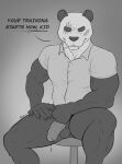  anthro balls beastars bodily_fluids bottomless clothed clothing dialogue foreskin genital_fluids genitals gouhin_(beastars) hi_res looking_at_viewer male muscular muscular_male neverwolf penis precum solo talking_to_viewer 