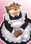  anthro blush bodily_fluids brooch canid canine canis clothed clothing crossdressing domestic_dog embarrassed facial_scar hi_res lifewonders maid_apron maid_uniform male mammal moritaka nazebesu_hobby scar solo tears tokyo_afterschool_summoners uniform video_games 
