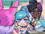  3girls :o ahri_(league_of_legends) animal_ears ball bangs bare_shoulders black_hair blue_choker blue_eyes blue_hair choker collarbone fox_ears green_hair hair_bun hand_up hands_on_another&#039;s_cheeks hands_on_another&#039;s_face league_of_legends looking_at_another multicolored_hair multiple_girls open_mouth phantom_ix_row pink_hair shiny shiny_hair single_hair_bun speed_lines star_guardian_(league_of_legends) star_guardian_ahri star_guardian_orianna star_guardian_senna teeth two-tone_hair 