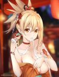  1girl arm_tattoo asymmetrical_hair bandages bare_shoulders blonde_hair blurry blurry_background bracelet breasts chest_tattoo choker cleavage collarbone depth_of_field ear_piercing fish_hair_ornament flower genshin_impact gs_(onsen_syndicate) hair_flower hair_ornament highres japanese_clothes jewelry kimono kimono_pull large_breasts looking_at_viewer mouth_hold no_bra orange_eyes piercing pink_nails red_choker short_ponytail solo tattoo upper_body yoimiya_(genshin_impact) 