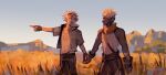  2boys :d bangs bare_shoulders blonde_hair brown_gloves brown_jacket brown_pants dark-skinned_male dark_skin ekko_(league_of_legends) ezreal feet_out_of_frame field fingerless_gloves gloves goggles goggles_on_head grey_hair grey_shirt highres holding_hands jacket league_of_legends looking_at_another multiple_boys open_clothes open_jacket pants pointing shirt short_hair smile sudo_(pseudostars) teeth upper_teeth yaoi 