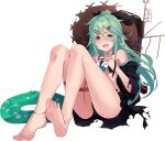  1girl anklet armlet bangs bare_shoulders barefoot black_ribbon blue_ribbon defeat full_body green_eyes green_hair hair_between_eyes hair_flaps hair_ornament hair_ribbon hairclip hat innertube jewelry kantai_collection kujou_ichiso long_hair machinery official_art open_clothes open_robe parted_bangs ponytail ribbon robe sidelocks solo straw_hat swimsuit tears third-party_source torn_clothes transparent_background yamakaze_(kancolle) yamakaze_kai_ni_(kancolle) 