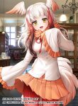  1girl animal_costume bird_girl bird_tail bird_wings copyright japanese_crested_ibis_(kemono_friends) kemono_friends kneehighs library long_hair looking_at_viewer menna_(0012) multicolored_hair neck_ribbon open_mouth red_hair ribbon scarf shirt skirt smile socks solo tail white_hair wings yellow_eyes 